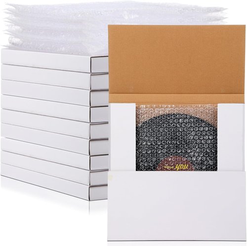 Janlaugh Vinyl Record Mailers - 10 Sets of Easy Fold Shipping Boxes with Fragile Stickers | 12.6 x 12.6 x 1 Inches