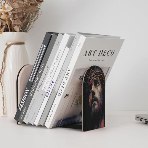 Jesus with Crown of Thorns Bookends for Shelves 2 Pcs Wooden Book Stopper Organizer for Home Office Libraries