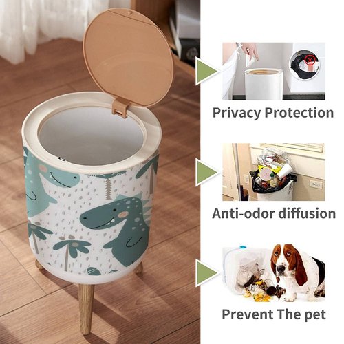 IBPNKFAZ89 Dinosaur Kids Small Cute Bathroom Trash Can with Lid, Kawaii Dog Child Proof Dino Palm Garbage Bin, Wood Waste Bin, Press Cover, Round Wastebasket, 8.66 x 14.3 inch