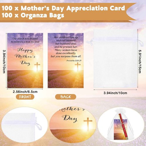 Tellingyou 100 Sets Mother's Day Church Gifts Bulk Included Happy Mother's Day Pens Inspirational Religious Cards Bible Verse Cards and Organza Bags for Women Church Members Christian Gift, 5 Colors