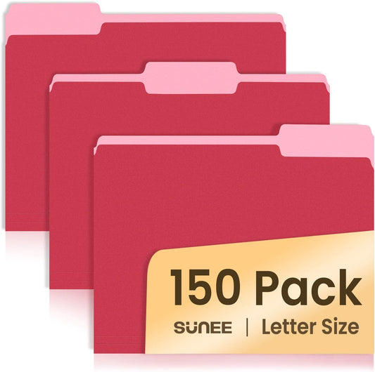 SUNEE Manilla File Folders - 150 Pack, 8.5 x 11 Colored Organizers for Home, Office & School - Red