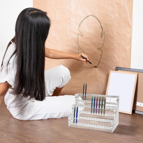 YWJLQH Makeup Paint & Brush Organizer Rack Pen Display Stand, Multi-Level Plastic Organization Rack Pencil Holder, Clear Pen Display Holder 3 Layer 144 Holes for Craft Shows