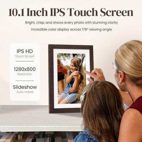 BIHIWOIA 10.1'' Frameo Digital Picture Frame - 32GB WiFi, 1280x800 IPS Touch Screen, Auto-Rotate, Black Wood