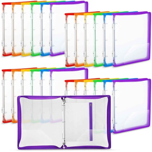 Fulmoon 24 Pack Plastic Zipper Binder, 1 Inch 3 Ring Binder with 2 Interior Pockets, 1 Plastic Movable Pencil Pouch, Expanding File Zippered Holds Us Letter Size 8.5''x11'' for Office (Clear Color)
