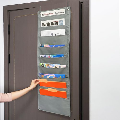 Hanging Wall File Organizer, Hanging File Folder Holder, Storage Center Pocket Chart for Paper Document, Pocket Chart for Office and Classroom, with door hanger and Adhesive hooks, 9 Pockets