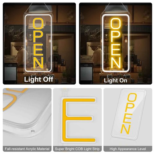 22.8"x 11.8" Ultra Bright 12V Neon Open Sign for Business, LED Open Neon Sign, Electric Light up Signs for Stores, Restaurants Offices Retail Shops Window (Yellow-White-Vertical)