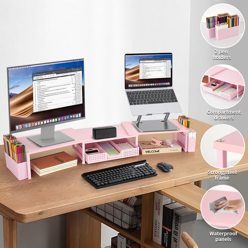 OPNICE Desk Dual Monitor Stand Riser - Wood Desk Organizer with Drawer and Pen Holders, Office Desk Accessories & Workspace Organization, Computer Monitor Stand for Laptop Printer, Girl Pink