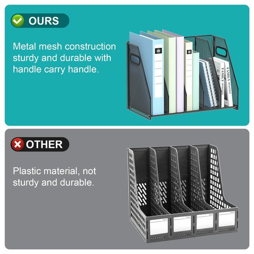 VEESUN Desk File Organizer, 5 Vertical Compartments Metal Magazine and Binder Holder, Office Home School Desktop Organizer, Black