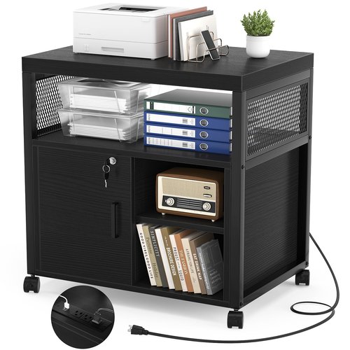 Unikito Lateral File Cabinet, Locking Office Filing Cabinets with Socket and USB Charging Port, Modern Rolling Printer Stand with Storage for A4, Letter Size and File Folders, Black