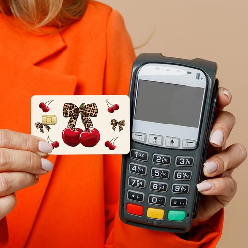 Coquete Leopard Credit Card Skin - 4 Pcs Cherry Bow 8 Ball Billiards Debit Skin Stickers Leopard Lip Print Credit Decal Cover Set for Transportation Key Debit Bus Cards Women