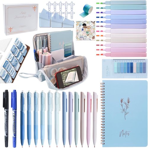 J6&H6 Bible Journaling Kit - 170Pcs Complete Study Supplies with Foldable Pencil Case & 12 Pastel Highlighters | Blue