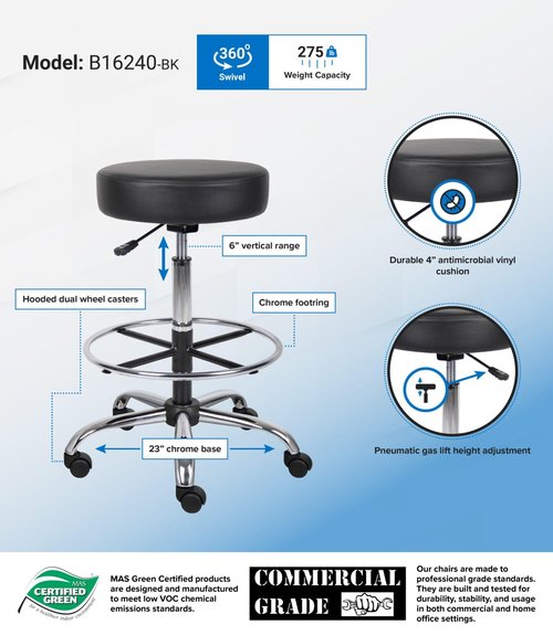 Boss Office Products Vinyl Medical/Drafting Stool, unspecified, Black