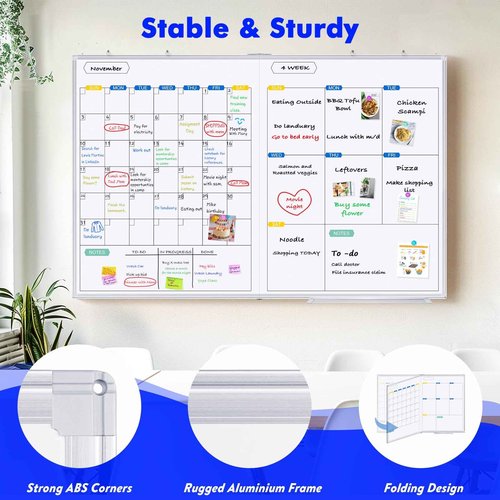 Dry Erase Calendar Whiteboard for Wall, 48" x 36" Monthly + Weekly Large Magnetic White Board Calendar Dry Erase, Silver Aluminum Frame