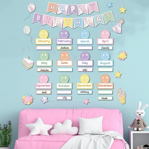 Pastel Smile Face Birthday Bulletin Board Set Happy Face Classroom Bulletin Board Decors Happy Birthday Nameplates Cake Paper Cutouts for Back to School Classroom Chalkboard Wall Door Teacher Supplies