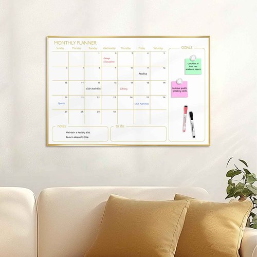 QUEENLINK Large Dry Erase Calendar Whiteboard for Wall, 36'' x 24'' Monthly White Board Planner with Gold Frame, Magetic Hanging Wipe Board for Home Office School Dorm