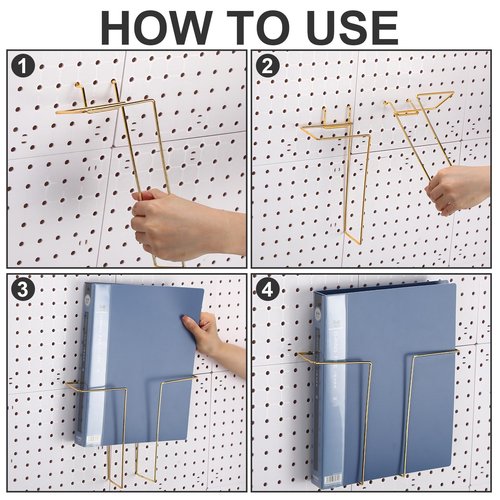 Beeveer 4 Pair Pegboard Display Shelves Expandable Width Metal Magazine Holder Hanging Wall File Organizer Pegboard Accessories Wall Decor for Pantry Exhibitions Trade Show Retail Store(Gold)
