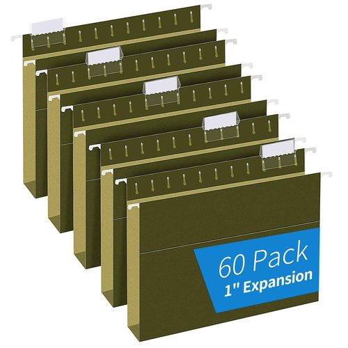 Extra Capacity Hanging File Folders, RAZCC 60 Pack Letter Size Reinforced Hanging Folders with Heavy Duty 1 Inch Expansion for Bulky Files, Filing Cabinet, Adjustable Tabs, Green