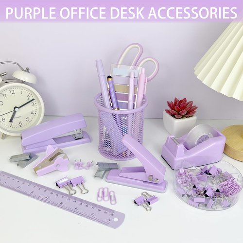 Purple Desk Accessories, Office Supplies Set with Stapler, Staple Remover, Pen Holder, Ballpoint pens, Hole Puncher, Tape Dispenser, Scissor, Ruler, Binder/Paper, Clips, for Home School Office