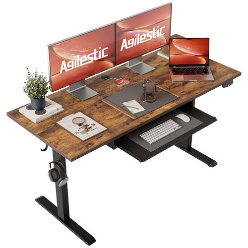 Agilestic Height Adjustable Desk with Keyboard Tray, 55 x 24 Inches Electric Standing Desk with Memory Preset, Stand up Computer Table, Lightweight Board, Dark Brown