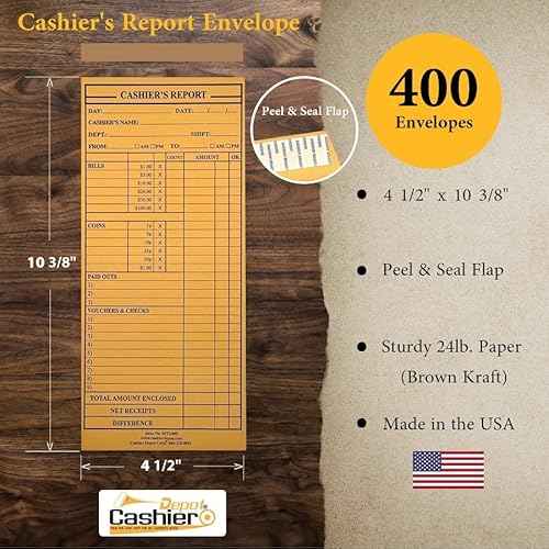 400 Cashier Depot - Cashier's Report Envelope MT230S, 4 1/2" x 10 3/8", Sturdy 24lb. Brown Kraft, Cash Drop Envelopes, Peel & Seal Flap, 400 Count