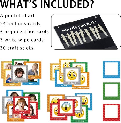 Boczif Emotions Feelings Pocket Chart - 24 Cards for Social Emotional Learning | Classroom Decor (Black)