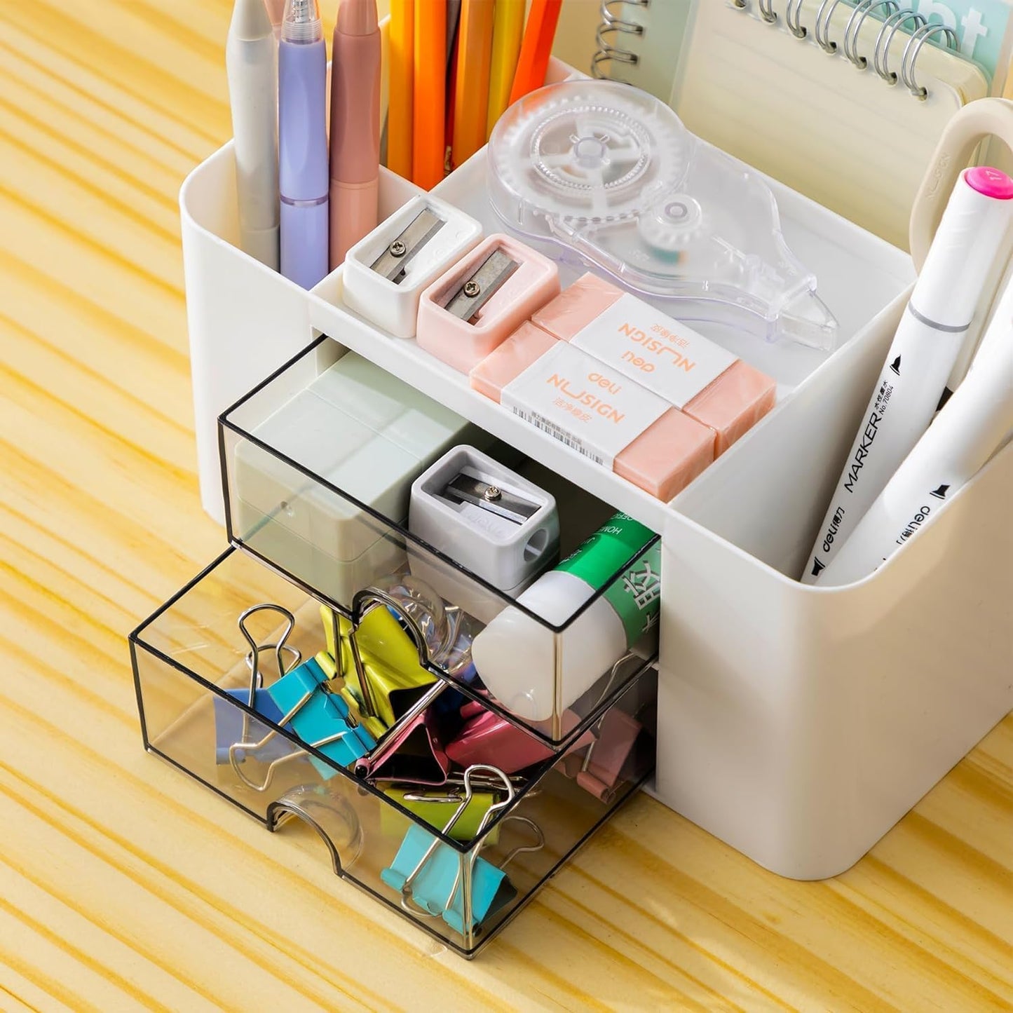 Stationary Organizer - 7-Grid Desk Organizer with Drawer | Multifunctional Plastic Pen Holder for Home & Office (White)