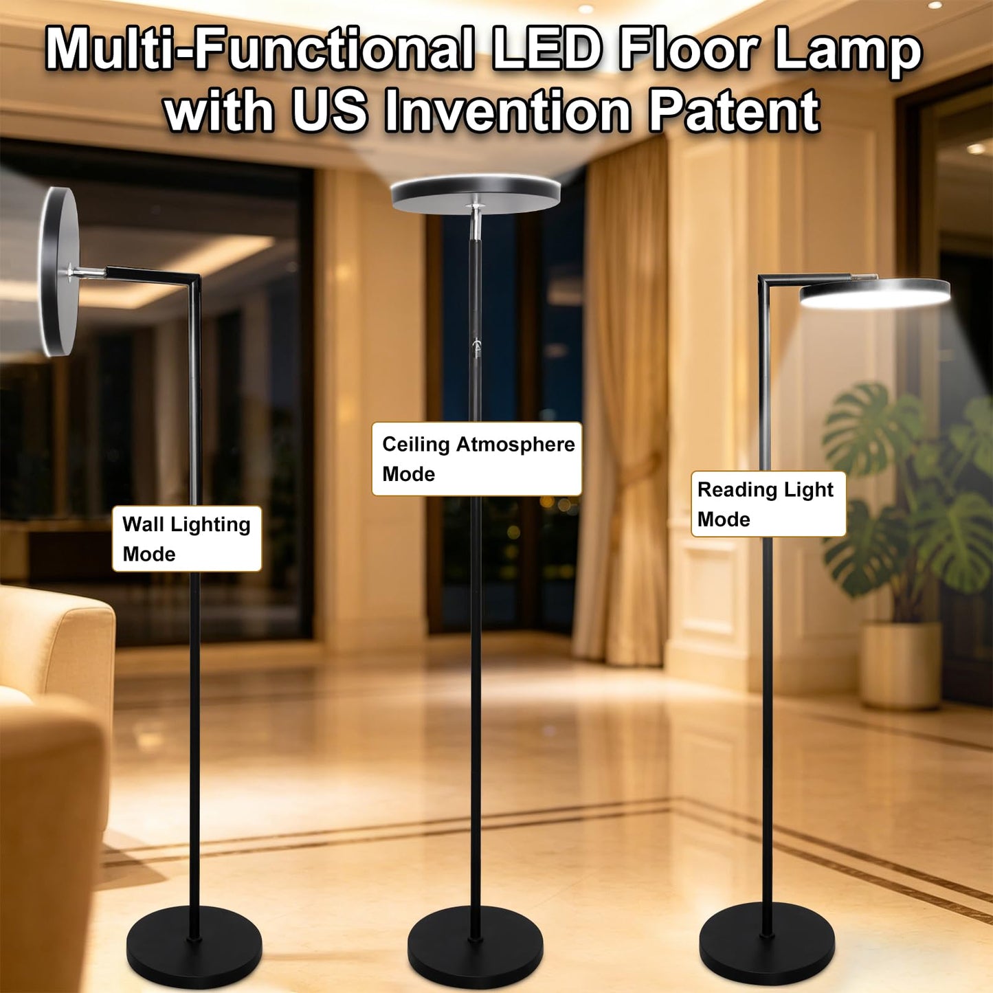 Anrotix 90-Degree Foldable LED Torchiere Floor Lamp, Super Bright 30W 3000LM, Remote Control with Stepless Dimming & Color Temperature Adjustable, Standing Lamp for Living Room, Bedroom, Office Black
