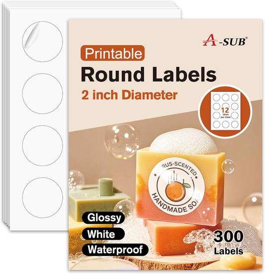 A-SUB Round Label Stickers - 2 Inch Waterproof Glossy White for Inkjet/Laser Printers | 300 Customizable Circle Stickers