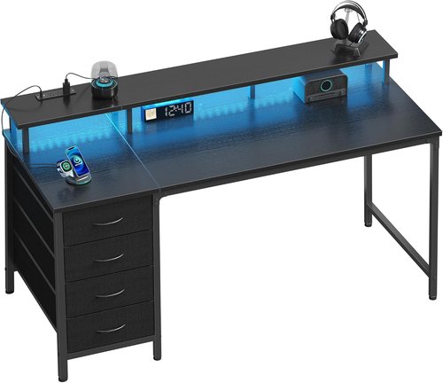 DUMOS Computer Desk - 4 Drawer Gaming Desk with Power Outlets & LED Lights | 45 Inch Black for Home Office & Small Spaces
