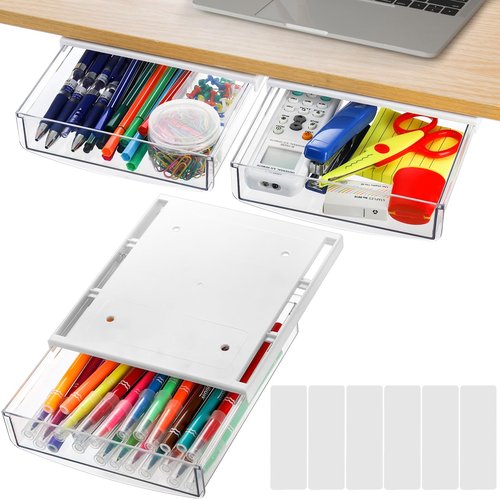 SOUJOY 3 Pack Under Desk Drawer, Self-Adhesive Slide Out Organizer Tray, Plastic Stick On Table Hidden Attachable Drawer Tray for Office Home School Kitchen
