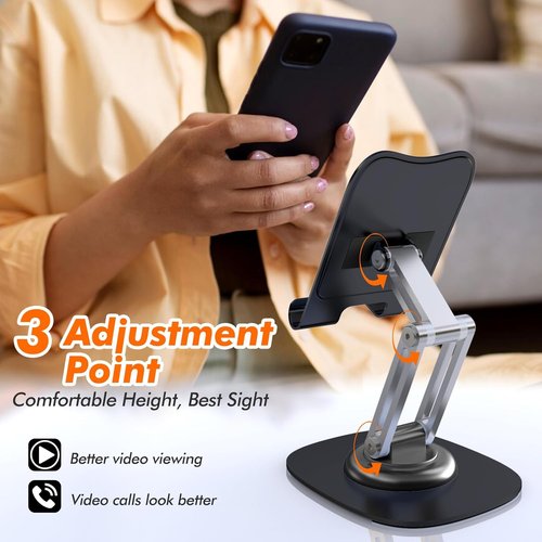 Cell Phone Stand - Adjustable 360° Rotating Desktop Holder for iPhone 17/16/15/14/13/12/11 Pro - Black