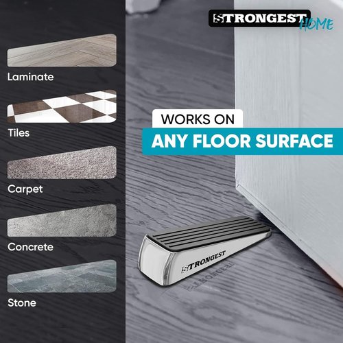 Strongest Home Door Stopper, Heavy Duty Door Stop Wedge Made of Premium Quality Zinc and Rubber Suits Any Door, Any Floor, Set of 2 Plus Self-Adhesive Wall Protectors