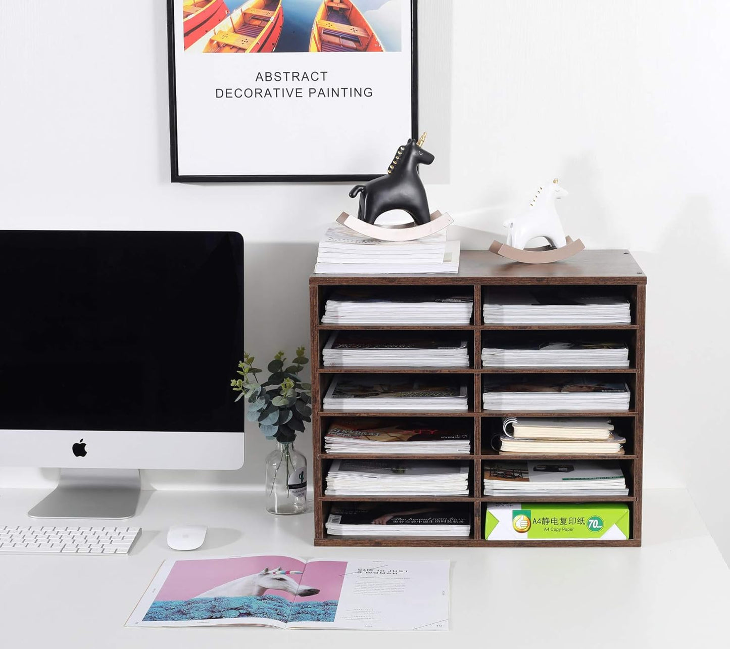 TQVAI Wood Literature Organizer - 12 Slot A4 Paper Holder with Adjustable Shelves | Stylish Desk Storage Solution