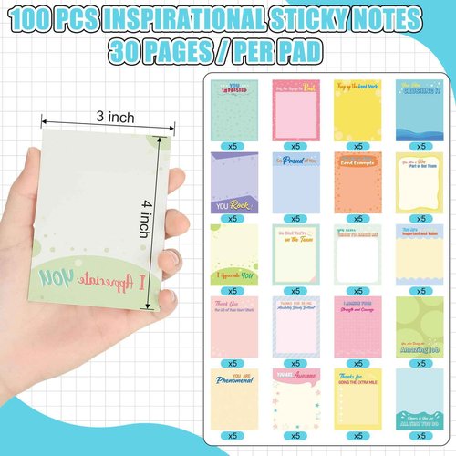 Qilery 100 Pcs Empowering Sticky Note Pads 3 x 4 Inch Employee Appreciation Note Pad Motivational Fun Cute Sticky Notepads Inspirational Self Stick Note Pad Gifts for Student Coworker Teacher Office
