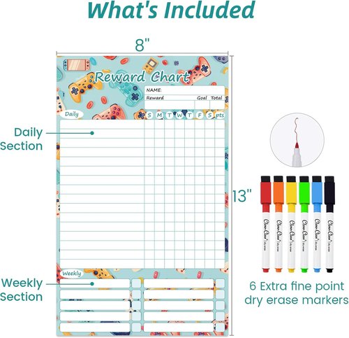 Clever Clean Dry Erase Chore Chart for Kids - Reusable Reward Board with 6 Markers | Video Game Design