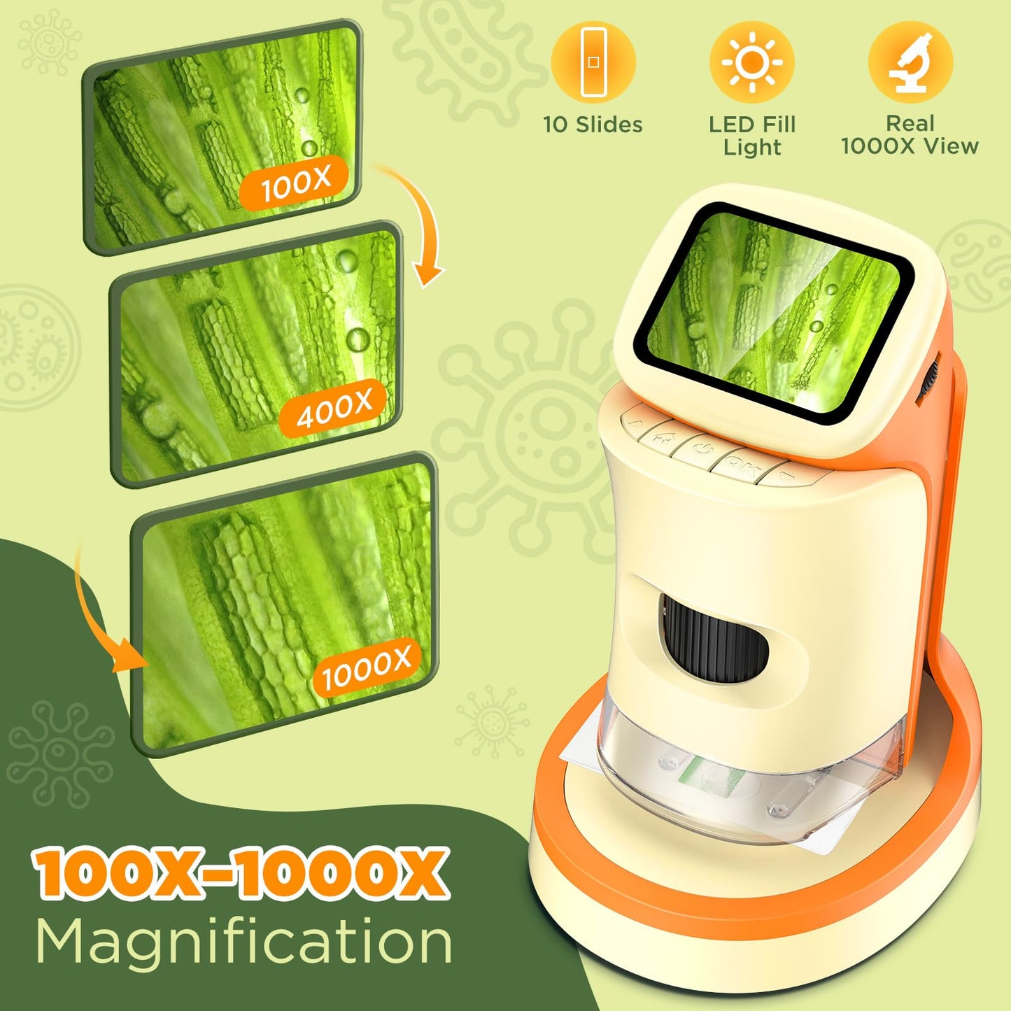 Kids Digital Microscope 1000X with 2.0" Screen | Handheld Rechargeable Microscope Kit with Slides, Portable STEM Science Toy for Kids Ages 5-12, Educational Gift for Boys & Girls