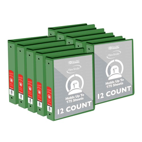 BAZIC Products 3 Ring Binder 1" Economy View Binders Organizer - Green, Round Ring, Hold 175 Sheets Paper, for School Office Home, 12-Count