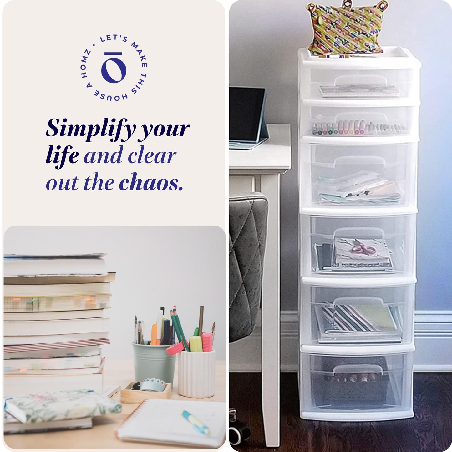 HOMZ 1-Pack Drawer Tower, 6-Tier Clear Plastic Storage Organizer Cart, White Frame - Heavy-Duty Organizing Drawers for Home, Bedroom, and Closet Organization
