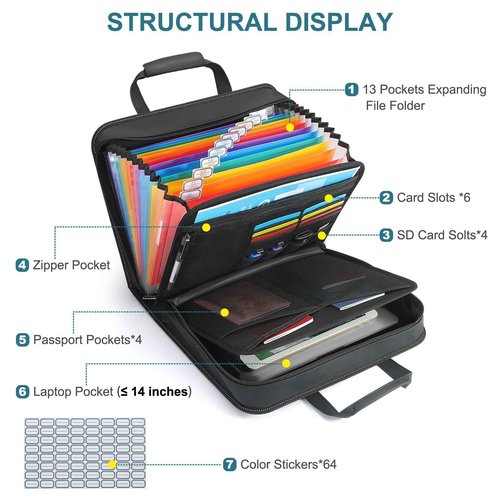 SEEKIND PU Leather Accordion File Organizer with Handle & Strap，12 Pockets Expanding File Folder with Zipper & Labels，Portable Document Organizer File for Letter A4 Files