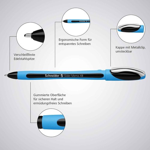 Schneider Slider Memo XB (Extra Broad) Ballpoint Pen, 1.4 mm, Light Blue Barrel, Violet Ink, Box of 10 Pens (150208)