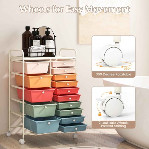 HOMGX Storage Cart with 15 Drawers, 15 Tier Multicolor Rolling Cart, File & Debris Storage Drawers on Lockable Wheels, Rolling Drawer Cart for Office/School/Home, Macaron