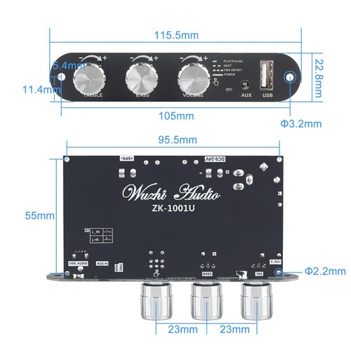 Wuzhi Audio ZK-1001U Mono Amplifier Board with TWS, 100W Power Output, Vehicle Amplifier Wide Voltage Input 9-24V, Supports USB/AUX/Bluetooth, Black