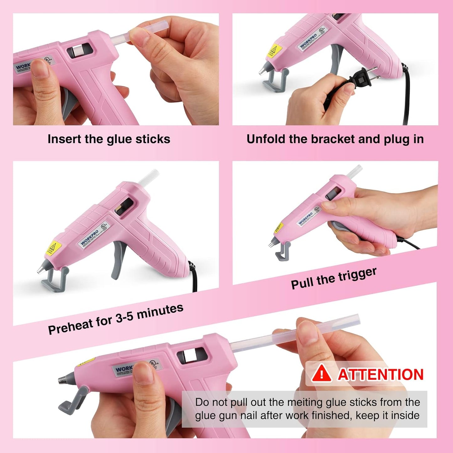 WORKPRO Mini Hot Glue Gun Kit - 20 Pcs Glue Sticks for Arts, Crafts, DIY Projects | Pink Ribbon