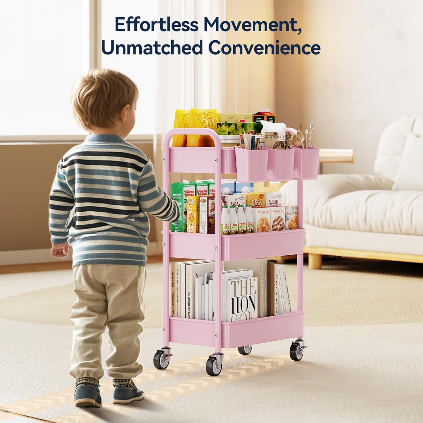 YASONIC 3-Tier Metal Rolling Cart - Heavy Duty Utility Cart with Lockable Wheels & Hooks | Pink