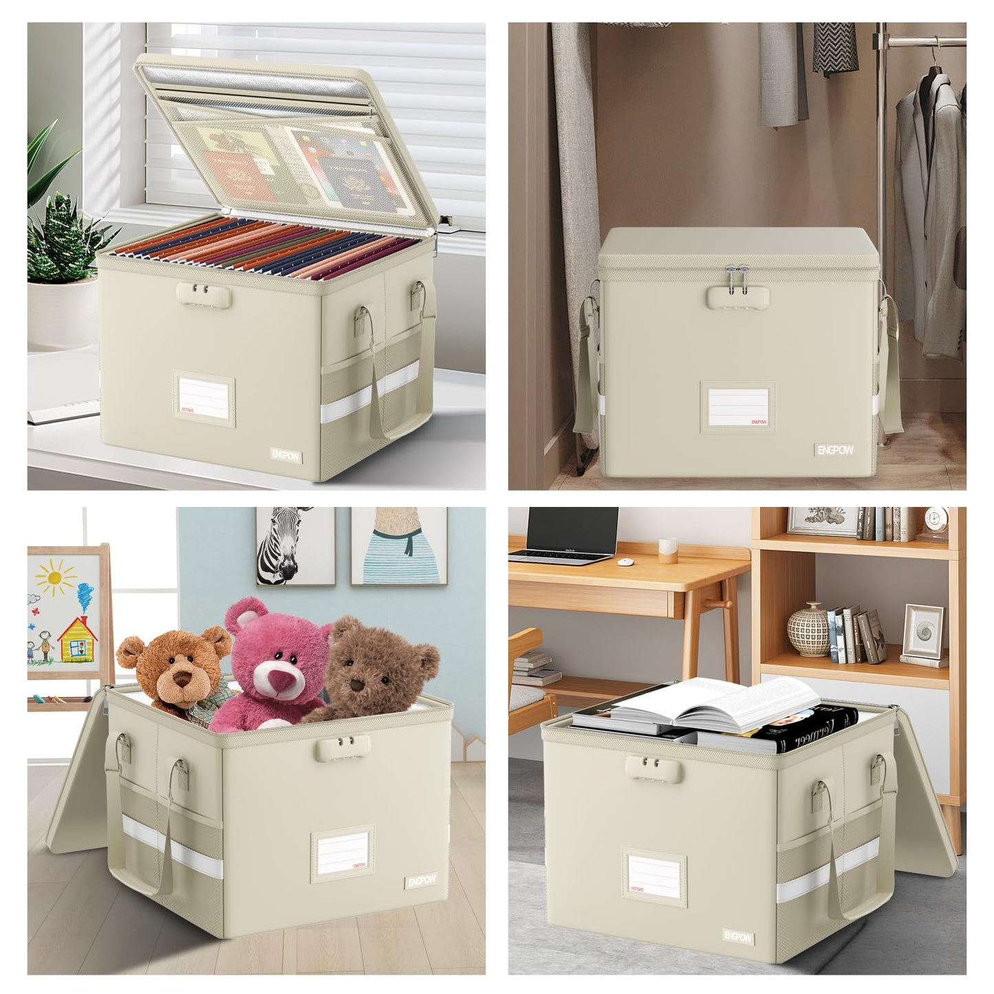 ENGPOW 5200°F File Box Fireproof Document Box with Lock,Heat Insulated Collapsible File Storage Organizer Box with Handle,Portable Home Office File Cabinet for Hanging Letter/Legal Size Folder, Beige