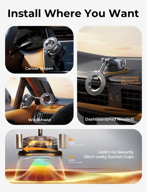 LISEN Suction Cup Phone Mount, Vacuum Magnetic Phone Holder, 360° Adjustable for MagSafe Car Holder Foldable Suction Phone Mount for Car, for Garmin GPS/Mirror/Smooth Surface, for iPhone 16 Pro Max 15