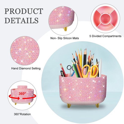 ENJIKAER Bling Pink Rhinestone Desk Organizer with 5 Slots 360 Degree Rotating, Bling Pen Holder Makeup Brush Holder for Women, Pink Rhinestone Office Accessories