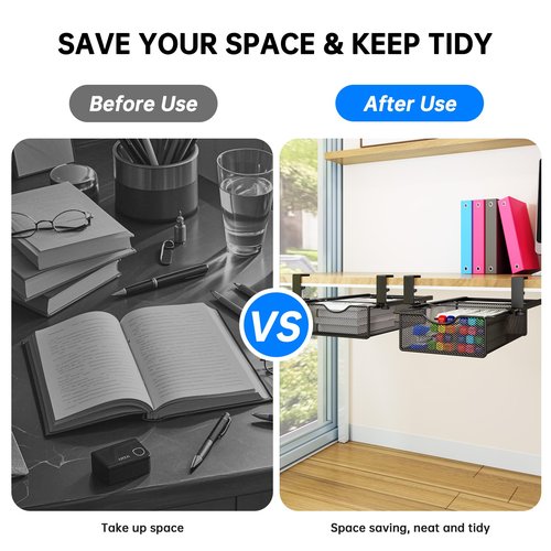 WOCHUANGSI Under Desk Drawer Organizer Tray Slide Out Clamp On Desk Pull-Out Storage Shelf for Office Supplies and Desktop Accessories, Metal Hanging Baskets, 2 Pack Large and Small (Black)