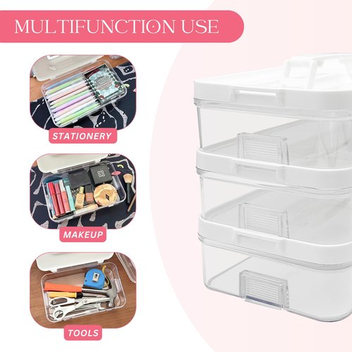 PTSGCAI 3pack Acrylic Stackable Box with Handle, Office Supplies Storage Organizer Box Pencil Box Plastic Organizer Holder, Clear Storage Box Organizing Bins-10x 6x 2.3