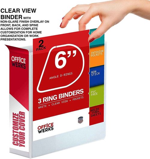 2 Pack of 6 Inch 3 Ring Binder with Locking Angle D Rings, Professional Heavy Duty Large Storage Binder with Pockets, Fits 8.5 x 11 Inch Sheets, Non-Stick Clear View Cover, Customizable, White